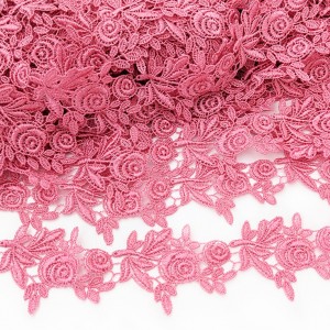 Destock 13.5m dentelle guipure fluide haute couture rose largeur 4cm