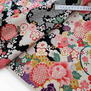 Tissu japonais popeline coton fleuri traditionnel fond écru x 1mètre