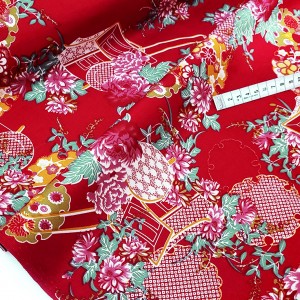 Destock 2.7m tissu satin coton extensible batiste coton fleuri fond rouge largeur 132cm