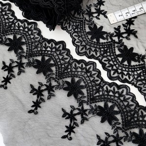 Destock lot 5.7m dentelle broderie tulle brodé coton haute couture noire largeur 12cm