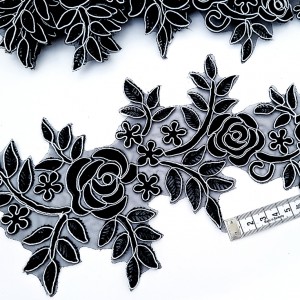 Déstock 1 applique dentelle broderie organza brodé haute couture noir argenté taille 15x35cm