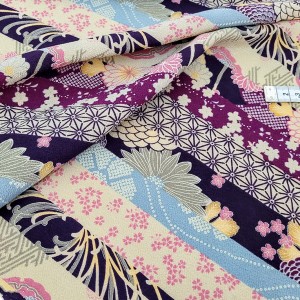 Destock 0.99m tissu japonais chirimen polyester fluide motif traditionnel fleuri largeur 112cm