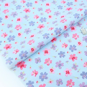 Destock 0.46m tissu japonais coton popeline soyeux fleuri fond bleu largeur 112cm