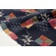 Tissu Japonais coton dobby traditionnel géométrique fleuri fond marine foncé x50cm 
