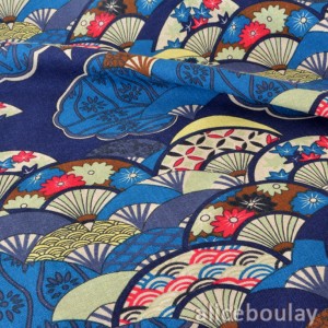 Tissu lin et coton style japonais traditionnel ton bleu x50cm 