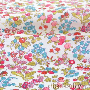 Tissu japonais batiste de coton soyeux fluide fleuri rose et turquoise x 50cm