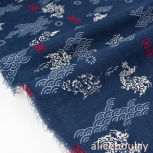 Tissu japonais doux style traditionnel vague dragon fond marine x50cm 
