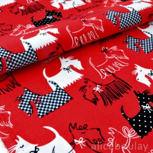 Tissu velours milleraies extra doux petits chiens chics sur fond rouge x 50cm 