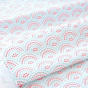 Tissu américain flanelle coton extra-doux vague Seigaiha turquoise rouge fond blanc x 50cm 