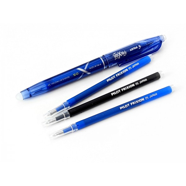 Pilot frixion stylo effaçable bleu + 3 recharges( 2 bleu, 1 noir) pointe  moyenne 0.5mm - Alice Boulay - Boutique de tissus et mercerie