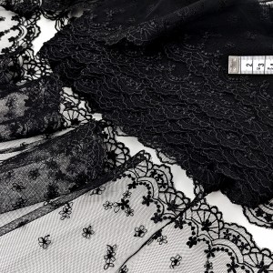 Destock lot 5.2m dentelle tulle brodé broderie fine noire largeur 17.5cm