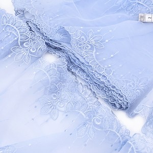 Destock 6.4m dentelle tulle brodé broderie fine haute couture largeur 20cm