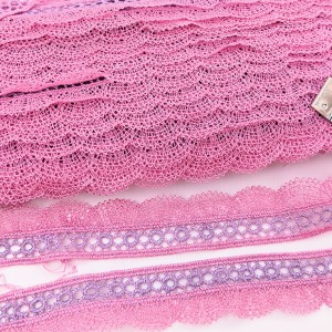 Destock 14m dentelle guipure polyester rose mauve largeur 2.4cm