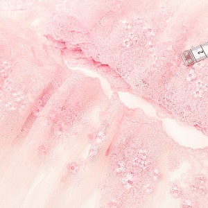 Destock 7m dentelle broderie tulle brodé haute couture rose epâle largeur 17cm