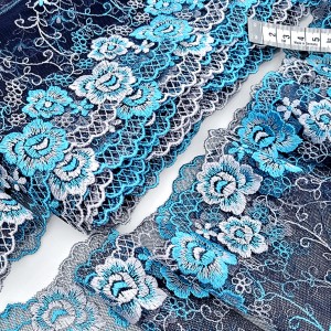 Destock 10m dentelle broderie tulle brodé haute couture bleue largeur 14cm