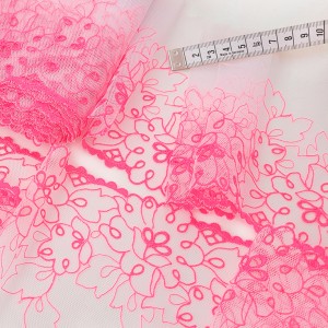 Destock 7.3m dentelle tulle brodé broderie haute couture rose fluo largeur 13.5cm