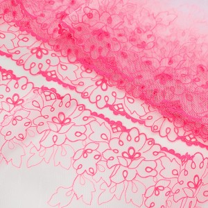 Destock 7m dentelle tulle brodé broderie haute couture rose fluo largeur 13.8cm