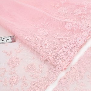 Destock lot 4.3m dentelle broderie tulle brodé fine haute couture rose largeur 29cm