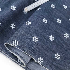 Déstock 2.1m tissu jeans lin coton tissé teint imprimé fleuri fond gris largeur 155cm 