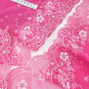 Destock 7m dentelle broderie tulle brodé fine haute couture rose largeur 21.5cm