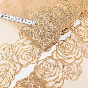 Destock 5.5m dentelle broderie tulle brodé fine haute couture dorée largeur 18cm