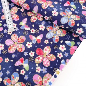 Destock 0.53m tissu japonais coton patchwork fleuri traditionnel doré fond bleu largeur 113cm