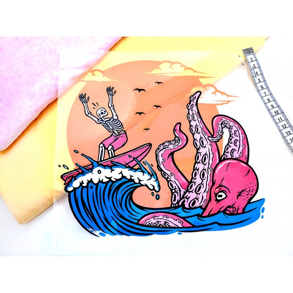 Destock transfert textile thermocollant surfeur et pieuvre taille 21x22cm -  Alice Boulay - Boutique de tissus et mercerie