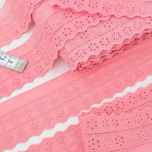 Déstock 14.3m dentelle broderie anglaise coton rose largeur 4.6 cm