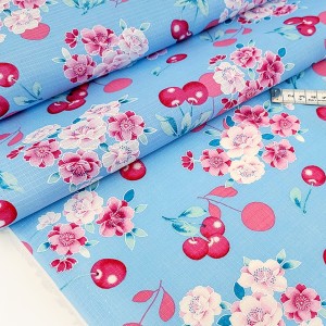 Destock 1.25m tissu japonais jacquard lin coton motif fleuri cerise largeur 154cm
