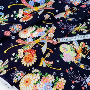 Destock 1.5m tissu japonais lin coton épais motif traditionnel fleuri doré largeur 148cm