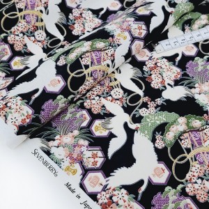 Destock 1.5m tissu japonais coton motif traditionnel fleuri grue largeur 112cm