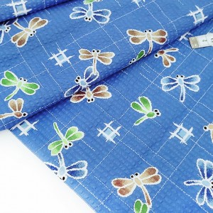 Destock 2m tissu japonais coton gaufré libellules fond bleu largeur 110cm