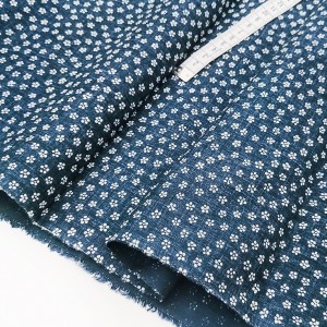 Destock 2m tissu japonais lin doux motif fleuri fond marine largeur 115cm