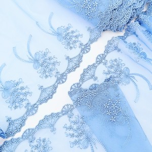 Destock 7m dentelle broderie tulle brodé fine haute couture bleue largeur 19cm