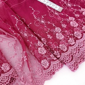 Destock 6m dentelle broderie tulle brodé fine haute couture rose prune largeur 19cm
