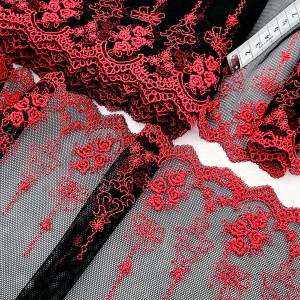 Destock lot 6.85m dentelle broderie tulle brodé fine rouge noir largeur 13.5cm