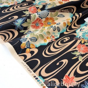 Tissu japonais patchwork traditionnel éventail fleuri fond noir x50cm 