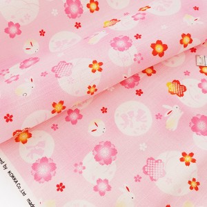 Déstock 1m tissu Japonais kokka lin coton dobby doux motif traditionnel fleuri lapin rose 112m