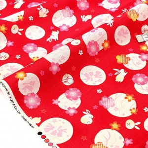 Déstock 0.99m tissu Japonais kokka lin coton dobby doux motif traditionnel fleuri lapin rouge 113m