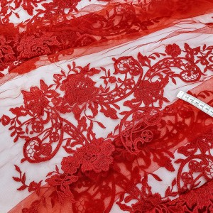 Destock 1.8m tissu dentelle broderie tulle brodé rouge largeur 145cm