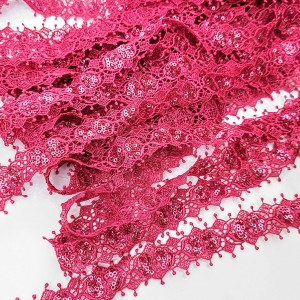 Destock 6m dentelle guipure brodé de sequins polyester rose largeur 2.3cm