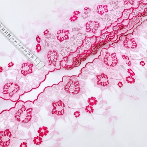 Destock 5.7m dentelle broderie tulle brodé rose haute couture largeur 20cm