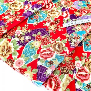 Destock 2m tissu japonais lin coton épais motif traditionnel fleuri doré largeur 148cm