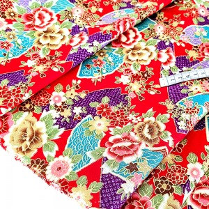 Destock 1.3m tissu japonais lin coton épais motif traditionnel fleuri doré largeur 148cm