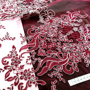 Destock 2.3m tissu dentelle broderie tulle brodé bordeaux argenté haute couture largeur 148cm