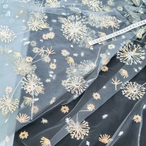 Destock 1.45m tissu dentelle broderie tulle brodé pissenlit sequin or gris largeur 150cm
