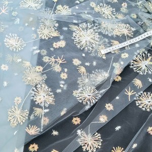 Destock 1.17m tissu dentelle broderie tulle brodé pissenlit sequin or gris largeur 150cm