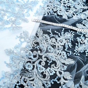 Destock 1.8m tissu dentelle broderie tulle brodé bleu argenté  haute couture largeur 150cm