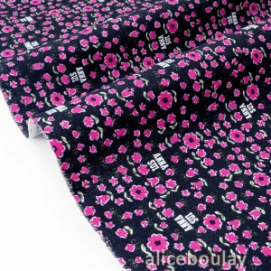 Tissu américain coton raide fleuri magenta fond noir x 50cm 