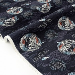 Tissu japonais coton gaufré style traditionnel dragon fond noir x50cm 